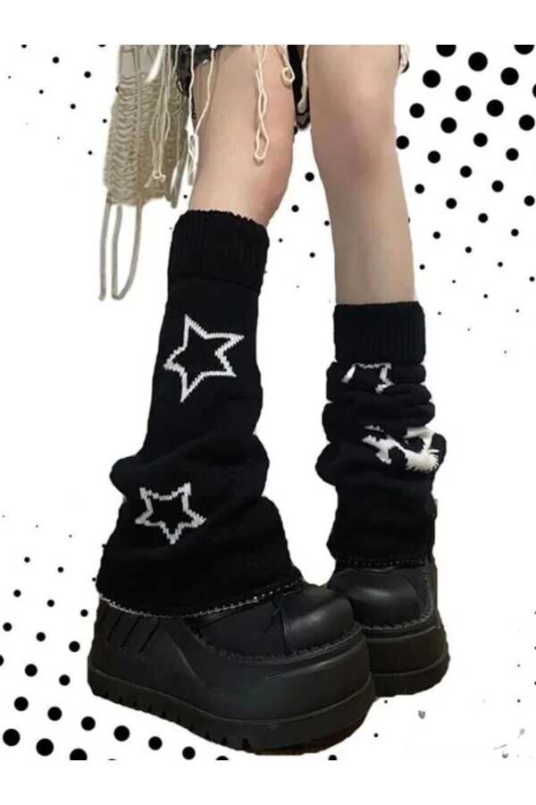 Gotik Lolita Harajuku Kuru Kafalı Yıldızlı Skull Star Kışlık Siyah Bol Tozluk - 2