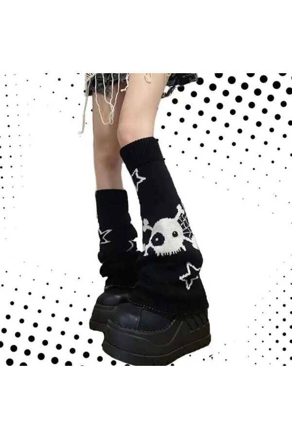 Gotik Lolita Harajuku Kuru Kafalı Yıldızlı Skull Star Kışlık Siyah Bol Tozluk - 3