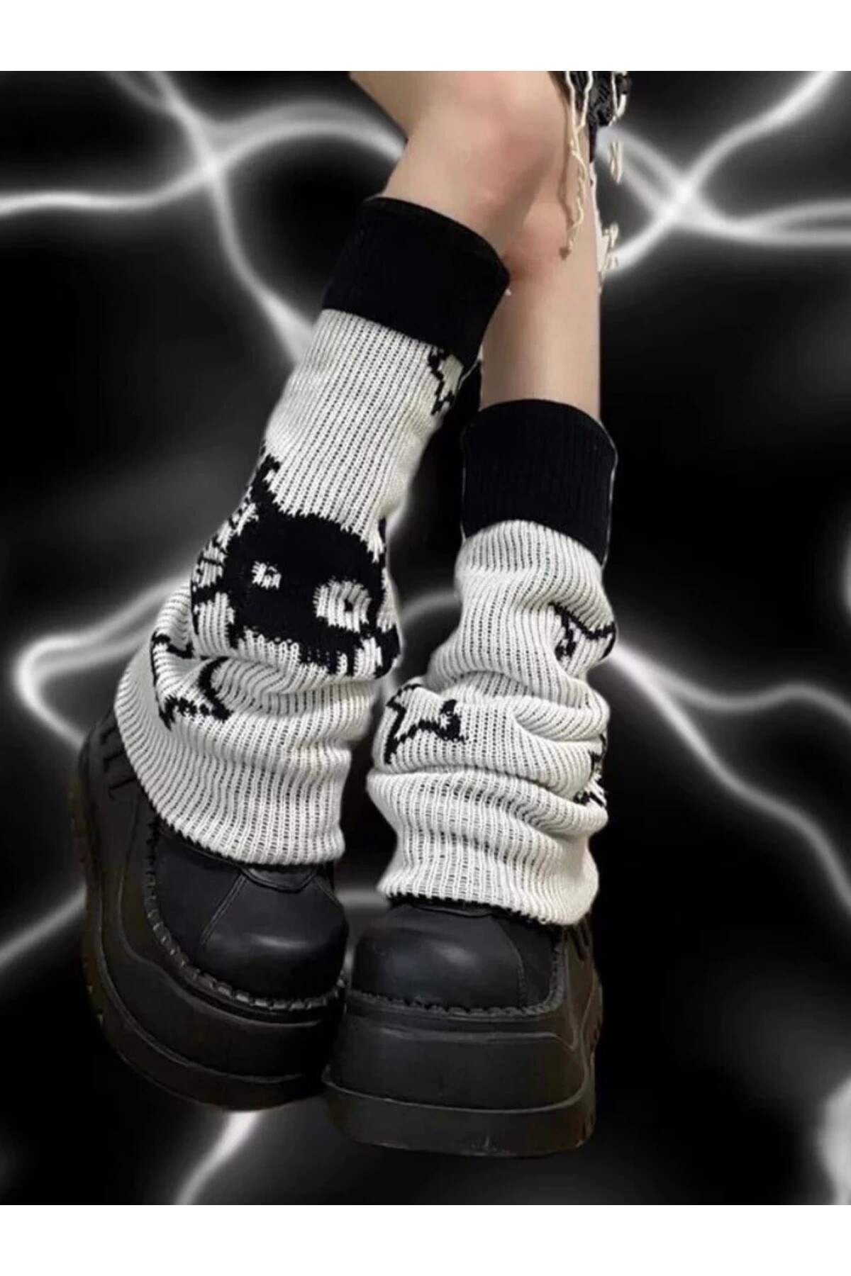 Gotik Lolita Harajuku Yıldızlı Monster Gri Kışlık Bol Tozluk - 2