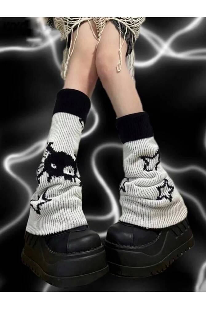 Gotik Lolita Harajuku Yıldızlı Monster Gri Kışlık Bol Tozluk - 3