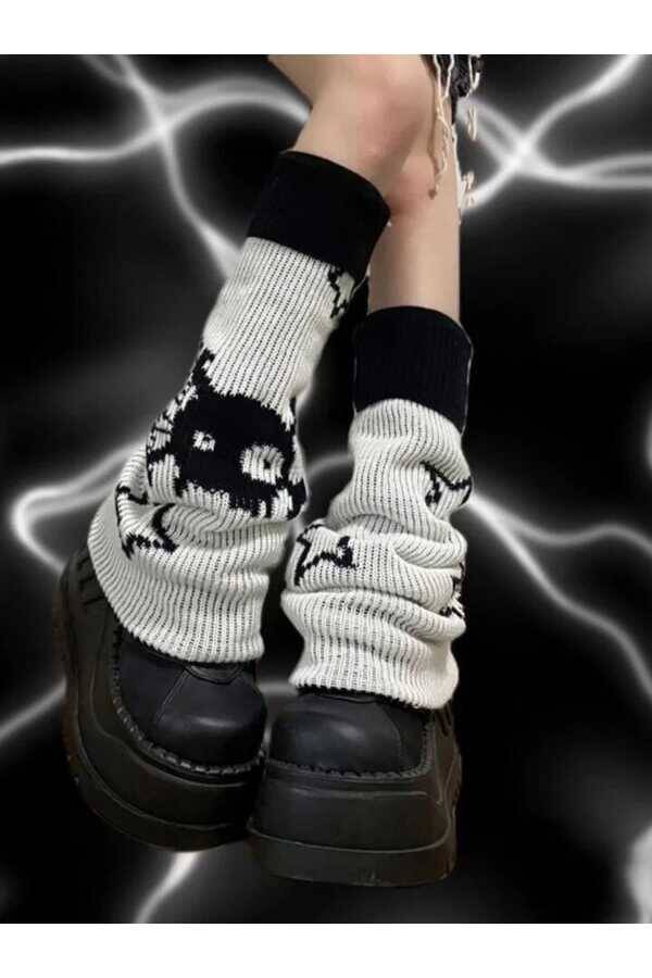Gotik Lolita Harajuku Yıldızlı Monster Gri Kışlık Bol Tozluk - 5