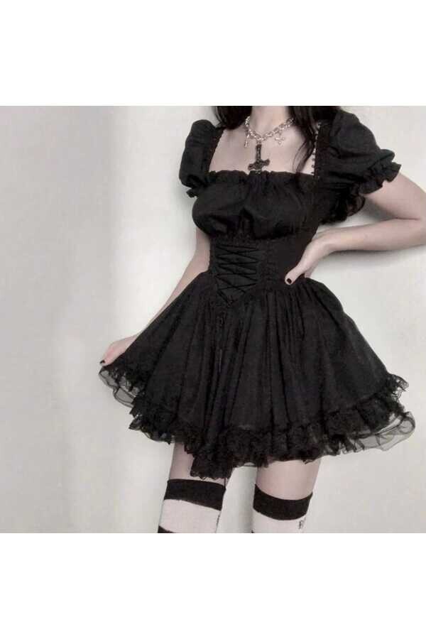 Gotik, Lolita, Punk, Korse Detay Mini Elbise - 11