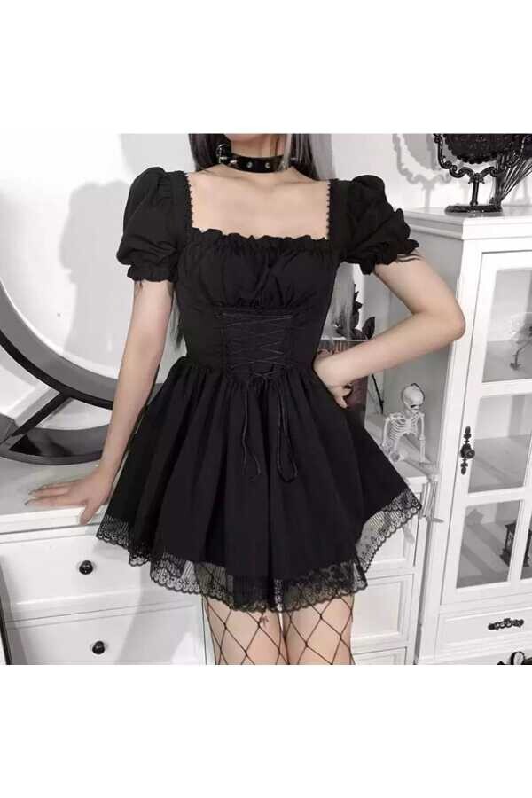 Gotik, Lolita, Punk, Korse Detay Mini Elbise - 2