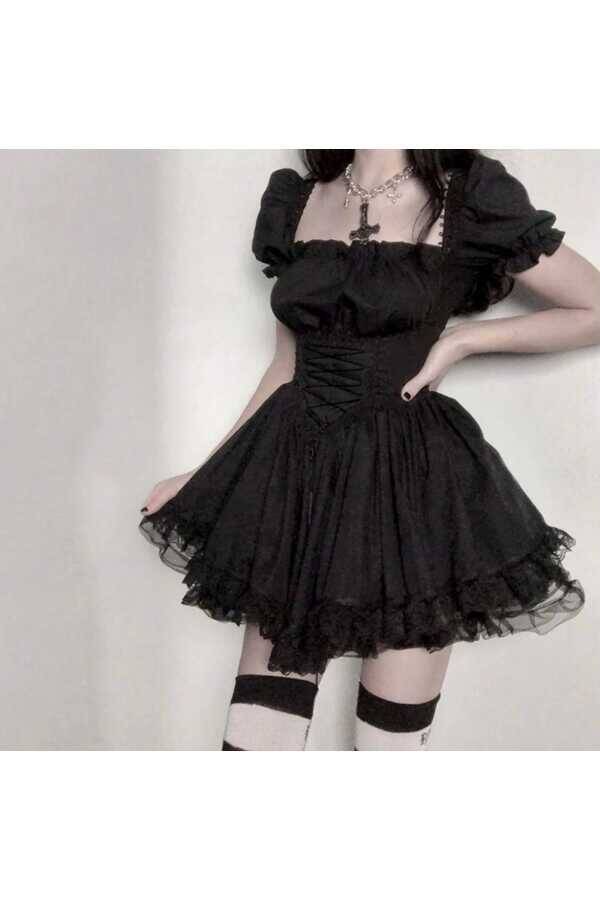 Gotik, Lolita, Punk, Korse Detay Mini Elbise - 3
