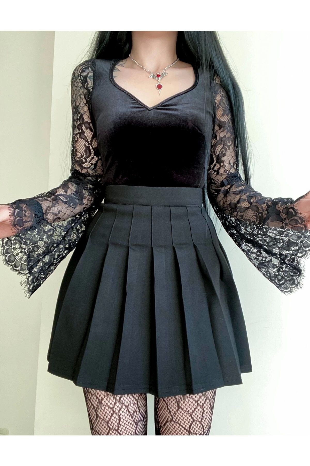 Gotik , Lolita , Siyah Pileli Etek - 5