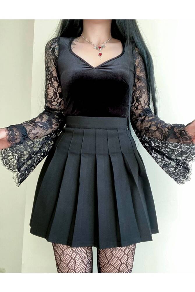 Gotik , Lolita , Siyah Pileli Etek - 5