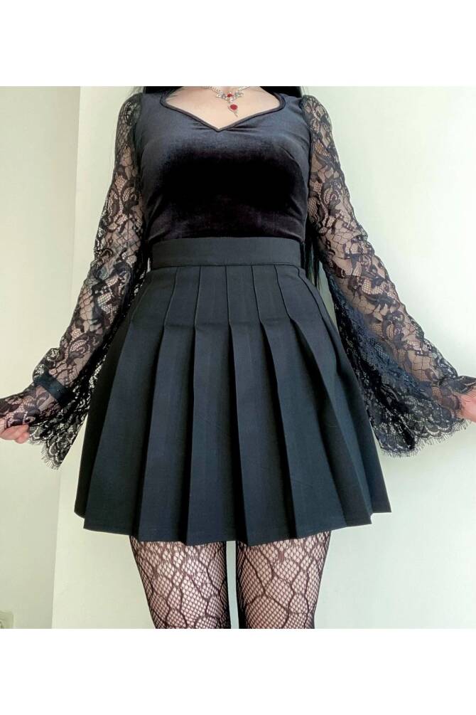 Gotik , Lolita , Siyah Pileli Etek - 6