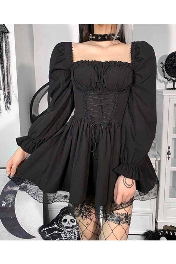 Gotik Lolita Victorian Bağcıklı Volanlı Uzun Kollu Elbise - 10