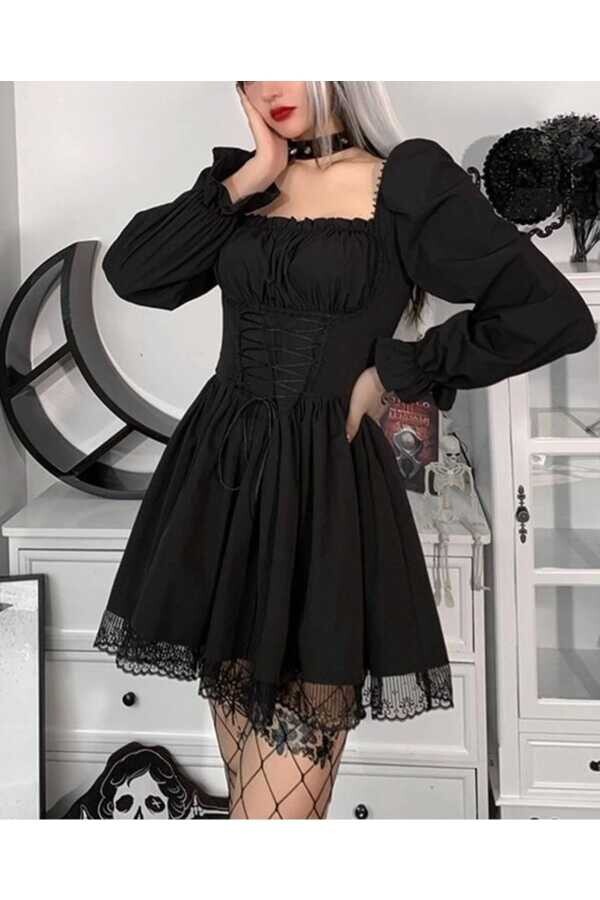 Gotik Lolita Victorian Bağcıklı Volanlı Uzun Kollu Elbise - 9