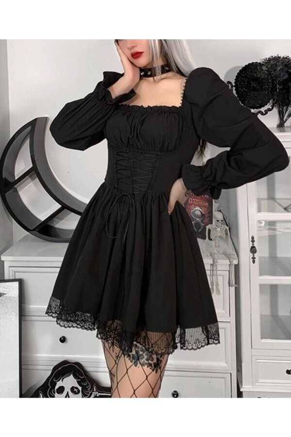 Gotik Lolita Victorian Bağcıklı Volanlı Uzun Kollu Elbise - 9