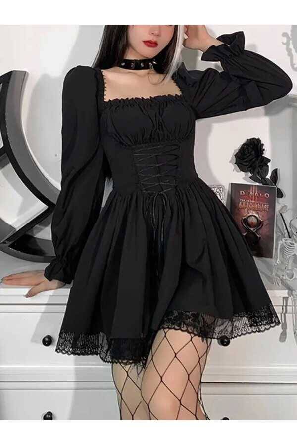Gotik Lolita Victorian Bağcıklı Volanlı Uzun Kollu Elbise - 6