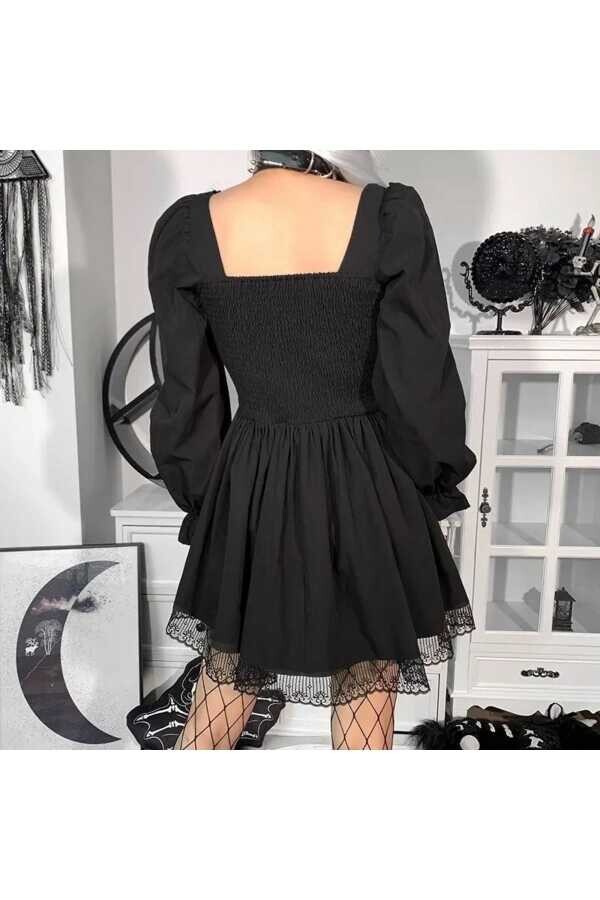 Gotik Lolita Victorian Bağcıklı Volanlı Uzun Kollu Elbise - 4