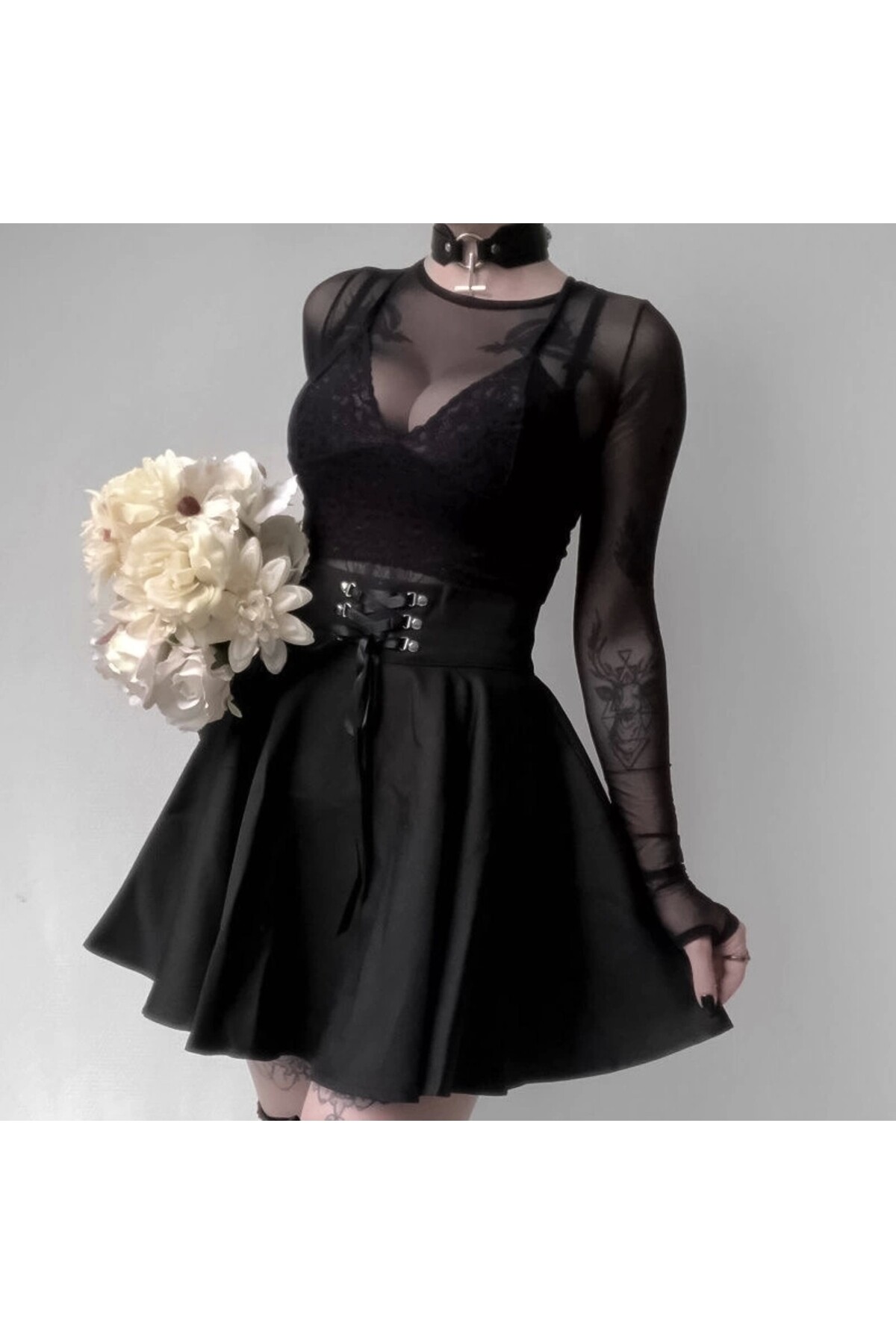 Gotik Punk Bağcıklı Mini Kloş Etek - 20