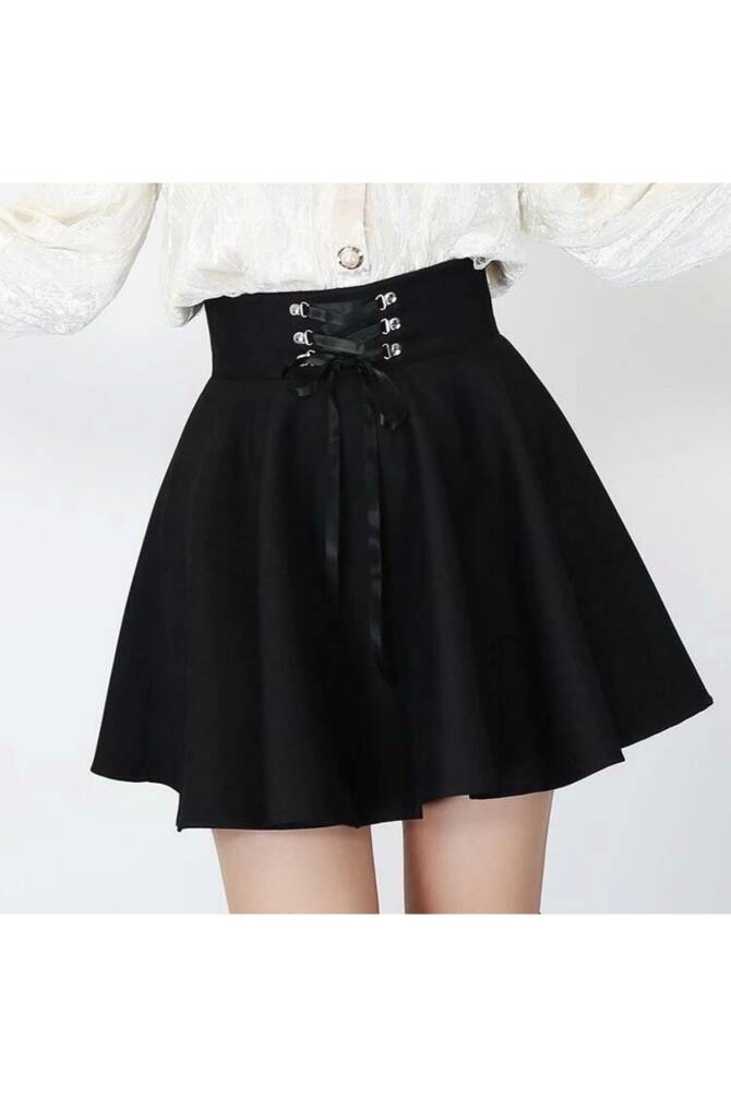 Gotik Punk Bağcıklı Mini Kloş Etek - 16