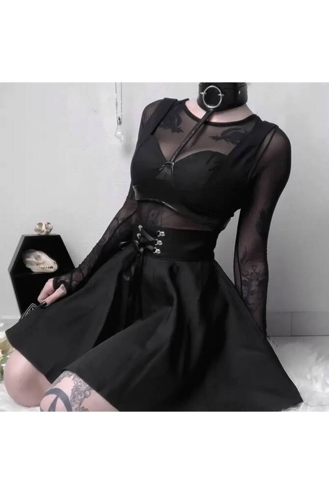 Gotik Punk Bağcıklı Mini Kloş Etek - 7