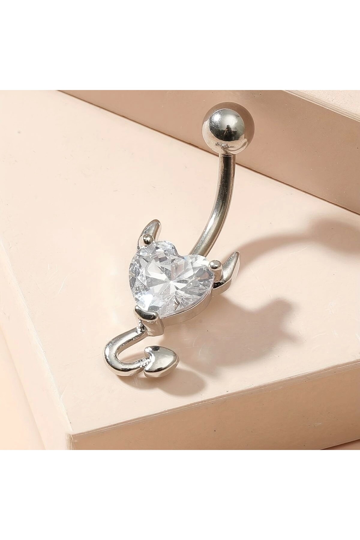 Gotik Punk Cerrahi Çelik Şeytan Kalp Zirkon Taşlı Göbek Piercing - DarkellaStore