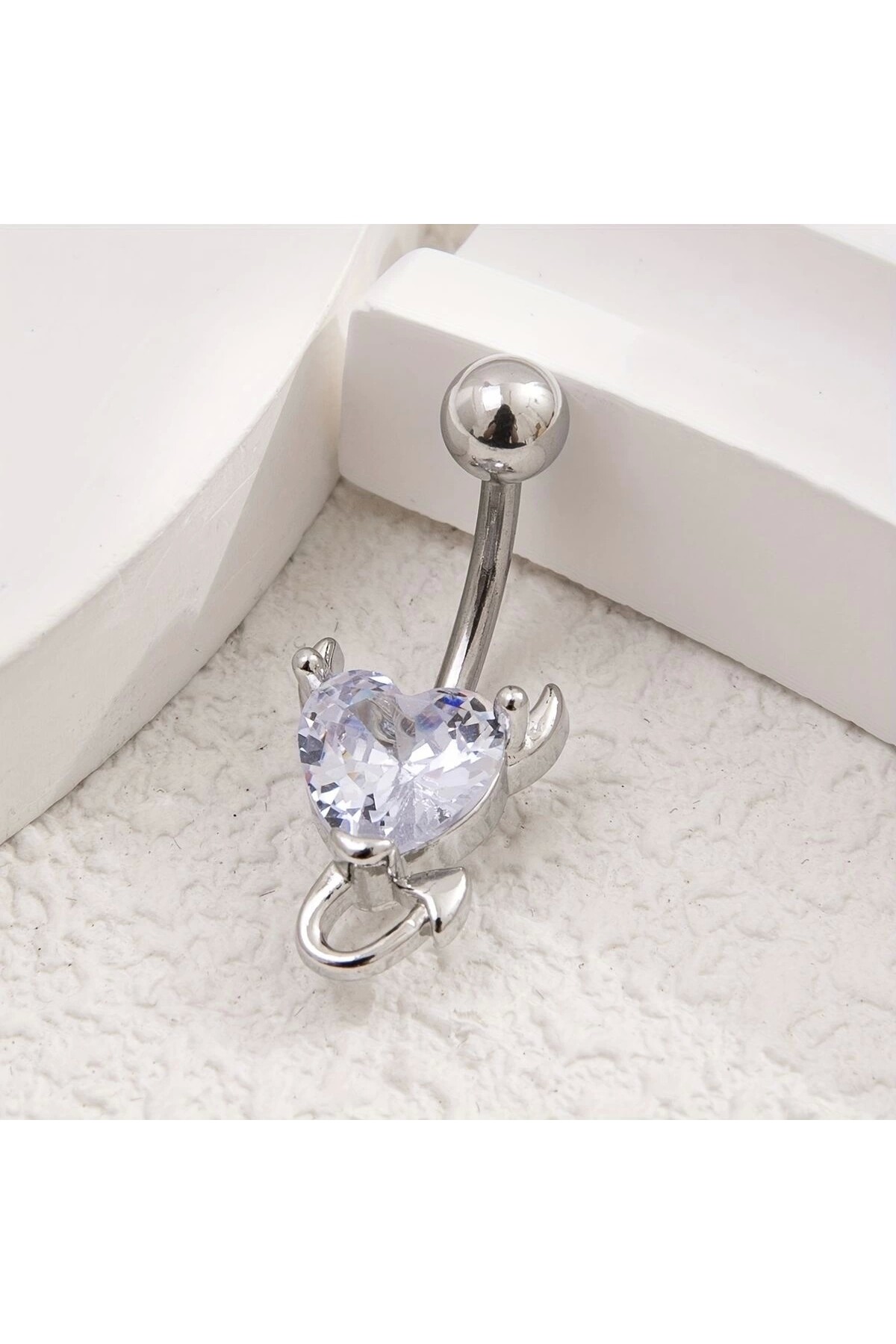 Gotik Punk Cerrahi Çelik Şeytan Kalp Zirkon Taşlı Göbek Piercing - 2