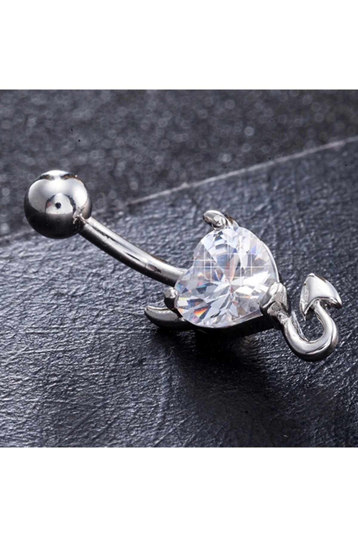 Gotik Punk Cerrahi Çelik Şeytan Kalp Zirkon Taşlı Göbek Piercing - 3