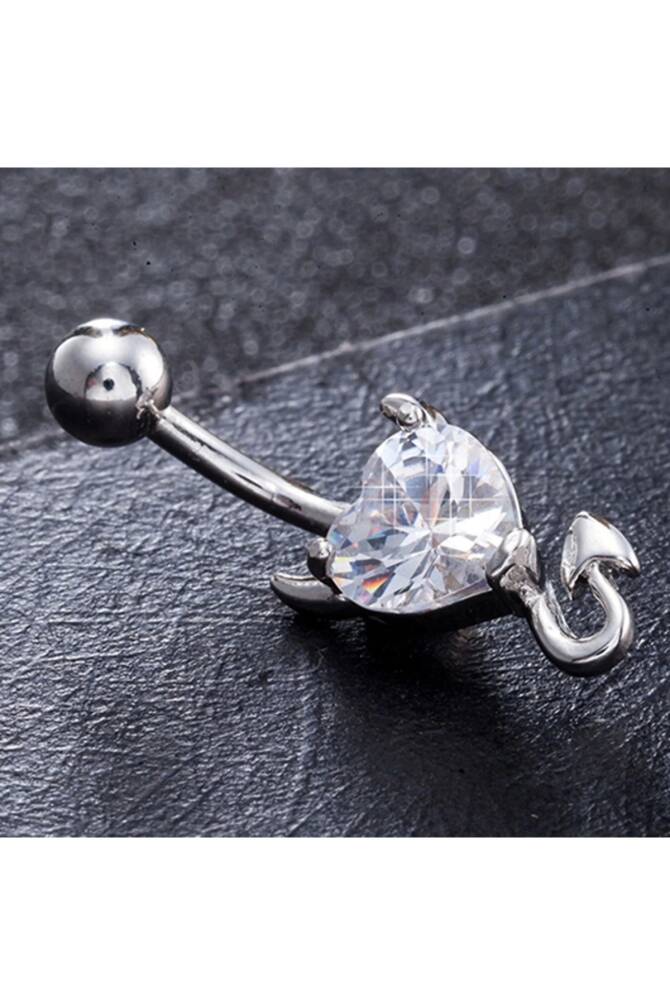 Gotik Punk Cerrahi Çelik Şeytan Kalp Zirkon Taşlı Göbek Piercing - 3