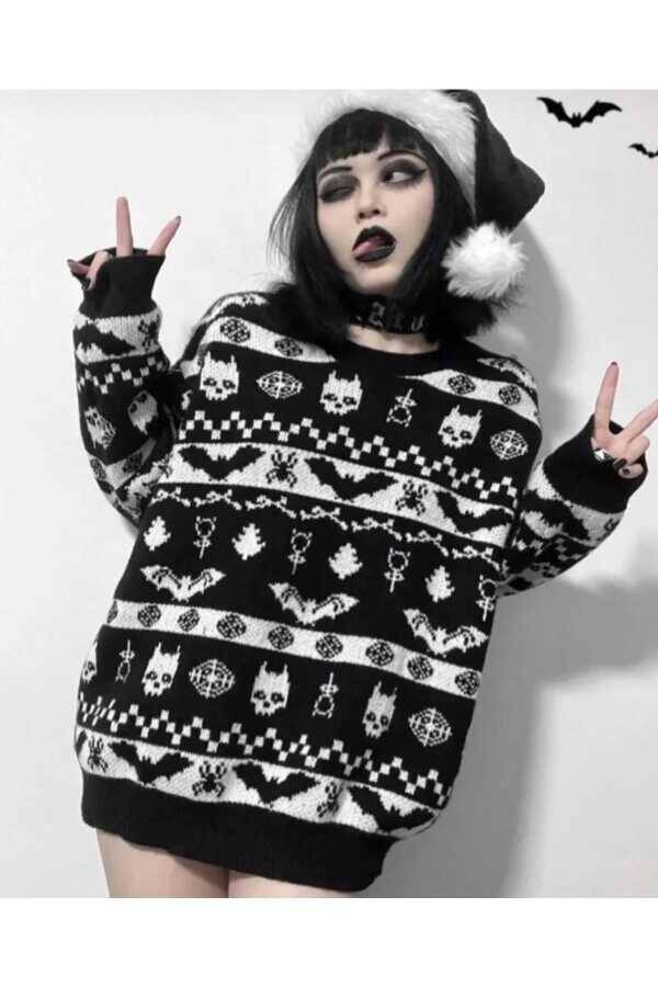 Gotik Punk Christmas Yılbaşı Noel Yarasalı Triko Kazak - 2
