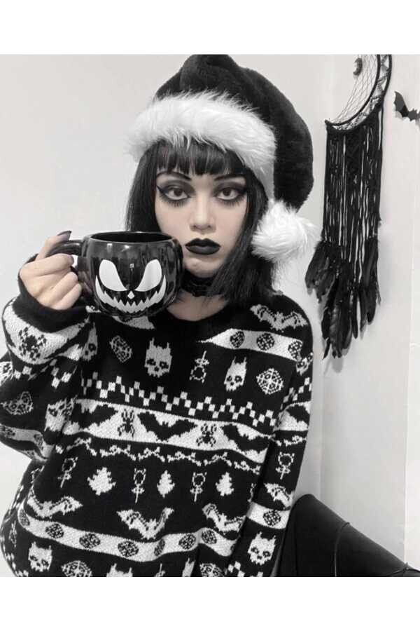 Gotik Punk Christmas Yılbaşı Noel Yarasalı Triko Kazak - 3