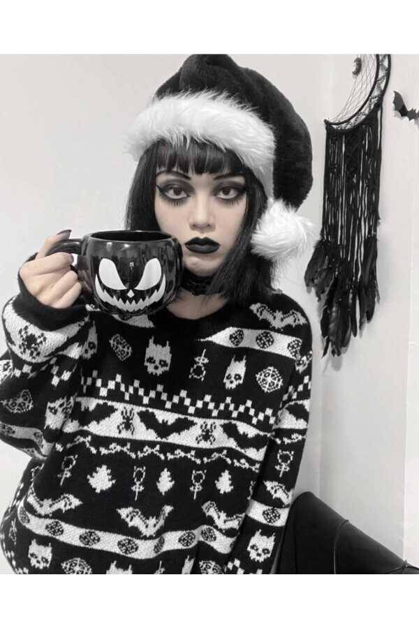 Gotik Punk Christmas Yılbaşı Noel Yarasalı Triko Kazak - 3