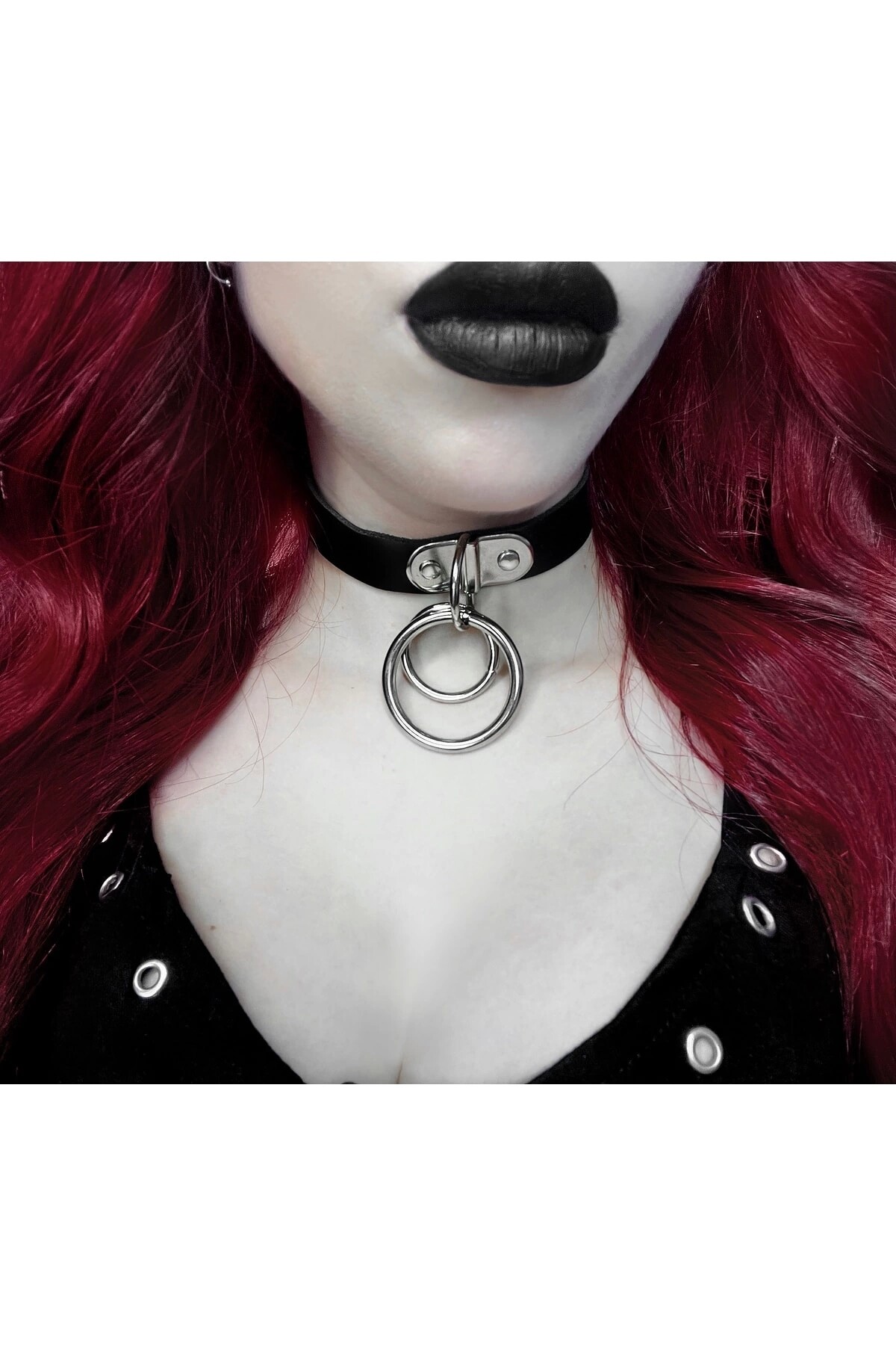 Gotik Punk Çift Halkalı Deri Chocker Boyunluk - 1
