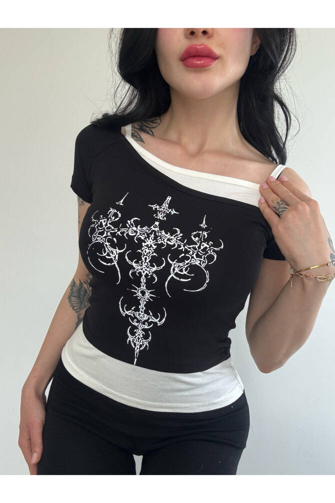 Gotik Punk Cross Pattern Haç Kayık Yaka Askılı Kısa Kollu T-Shirt - 7