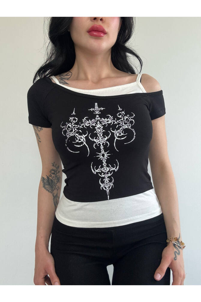 Gotik Punk Cross Pattern Haç Kayık Yaka Askılı Kısa Kollu T-Shirt - 6