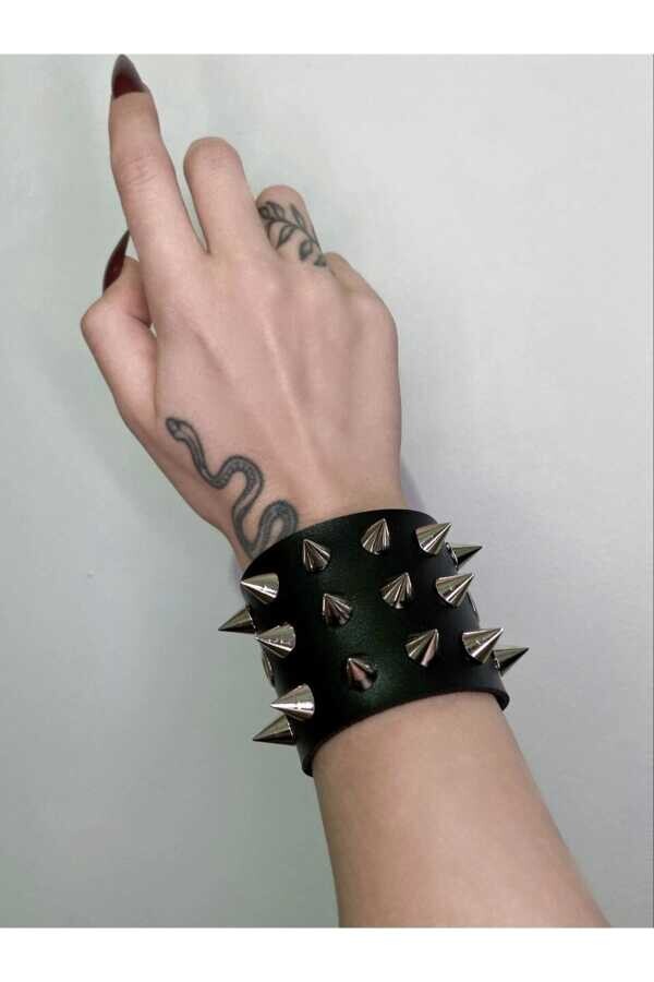 Gotik , Punk , Dikenli Kuşgözlü Üç Sıralı Deri Bileklik - 7