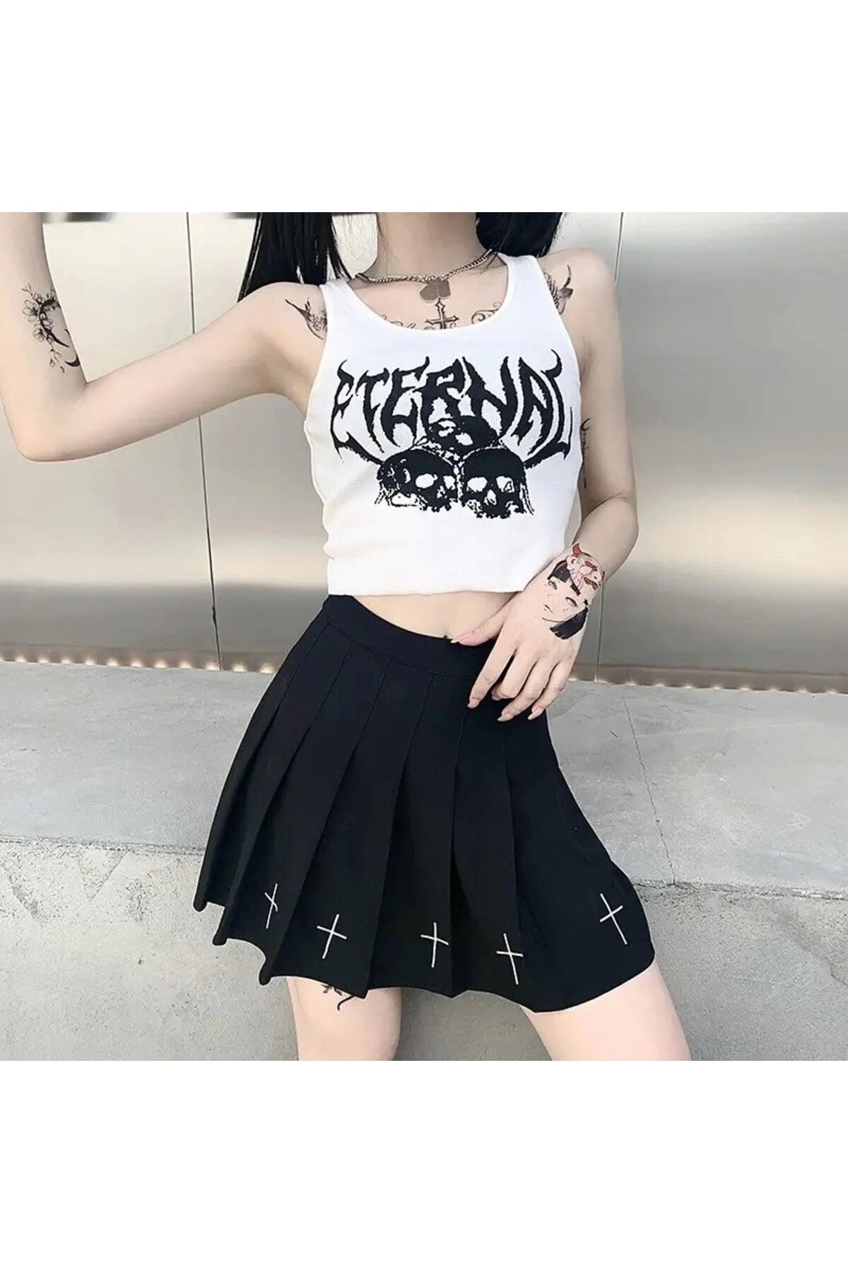 Gotik Punk Etarnal Kuru Kafalı Askılı T-shirt - 11
