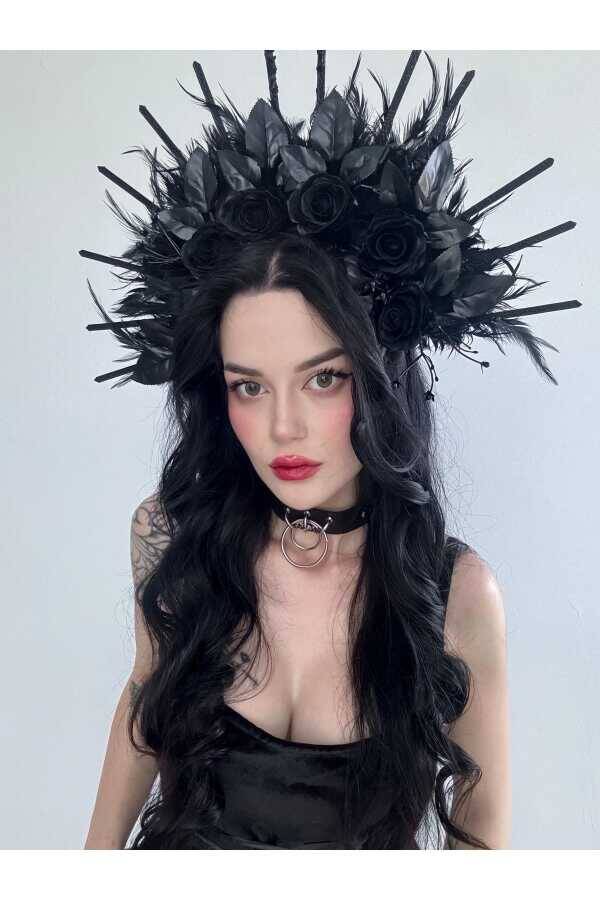 Gotik Punk Gül Detaylı Halloween Taç Parti Tacı Gül Detaylı Taç Gül Detaylı Saç Aksesuarı - 1