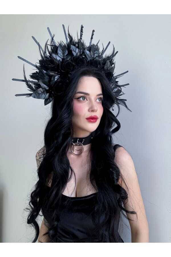 Gotik Punk Gül Detaylı Halloween Taç Parti Tacı Gül Detaylı Taç Gül Detaylı Saç Aksesuarı - 2