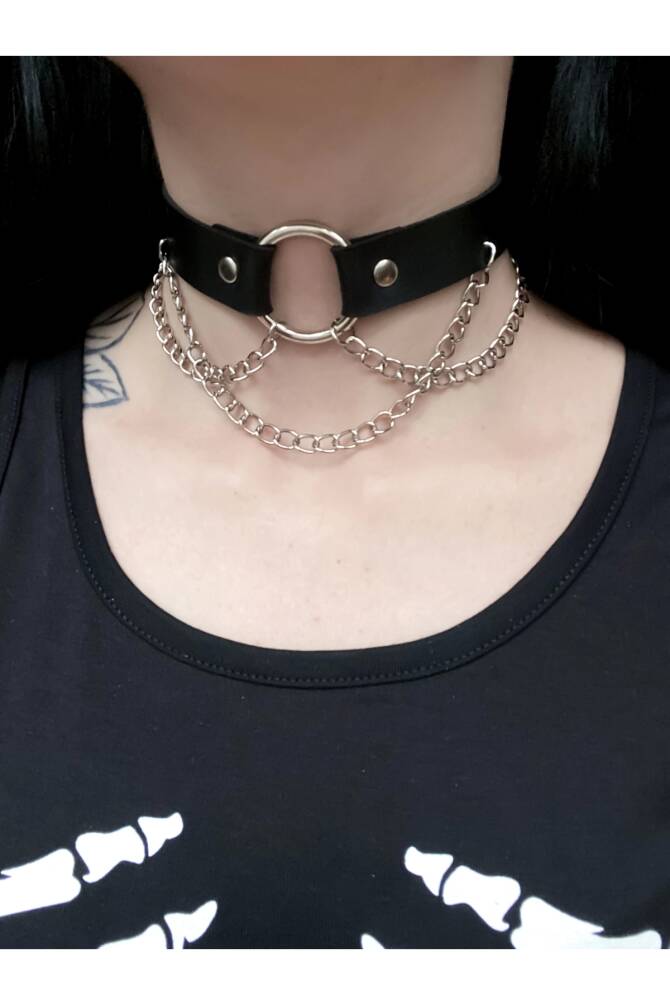 Gotik Punk Halka Detay Zincirli Deri Choker Boyunluk - 3