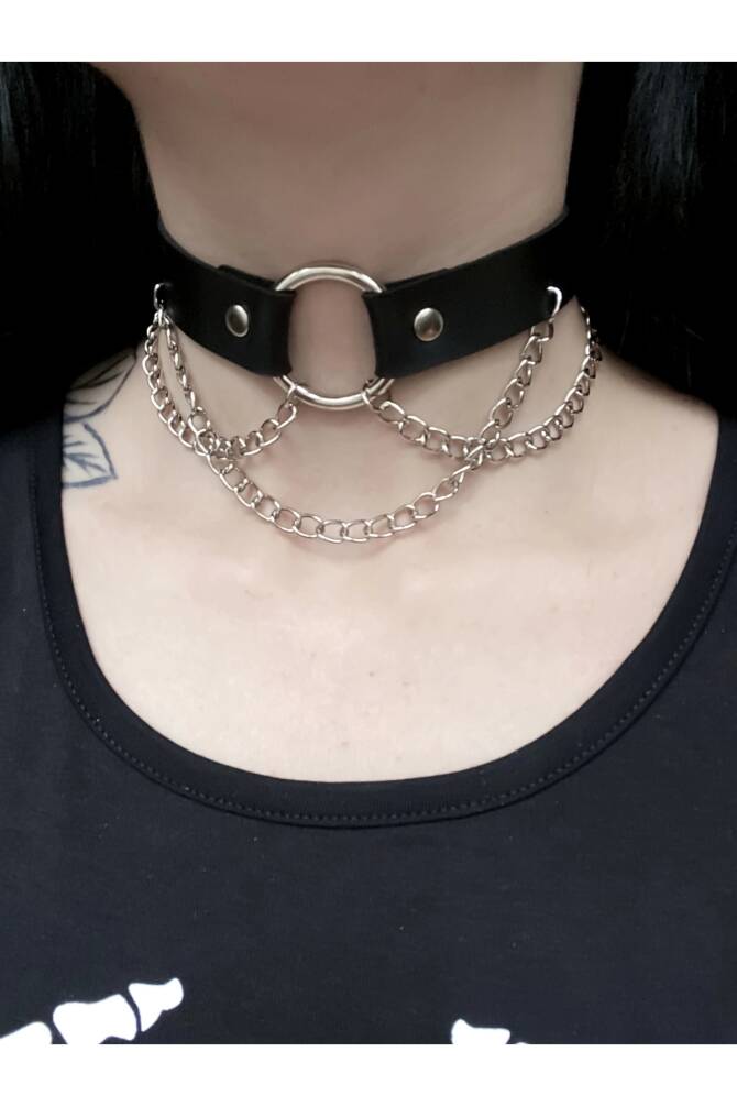 Gotik Punk Halka Detay Zincirli Deri Choker Boyunluk - 1
