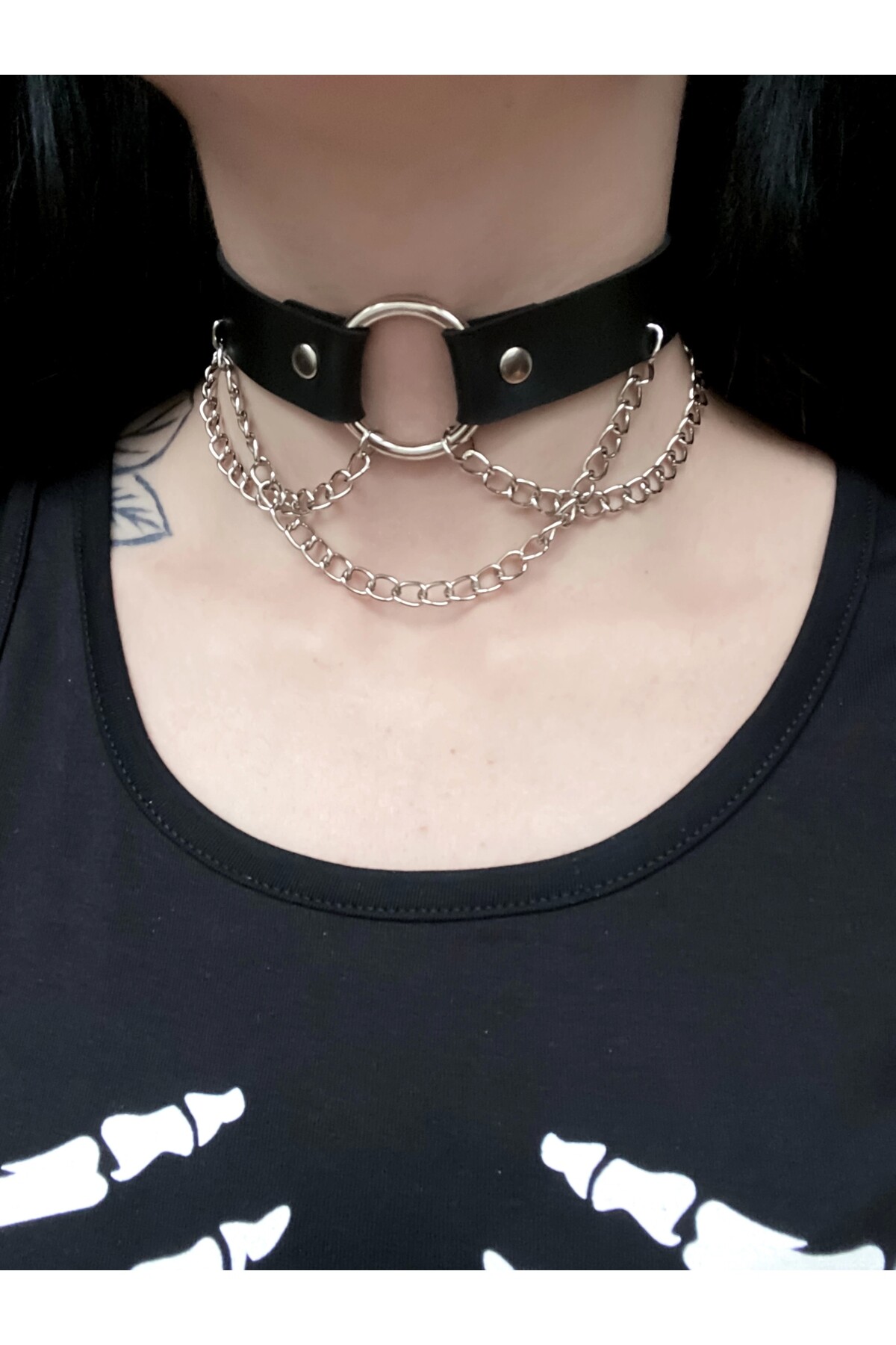 Gotik Punk Halka Detay Zincirli Deri Choker Boyunluk - 3