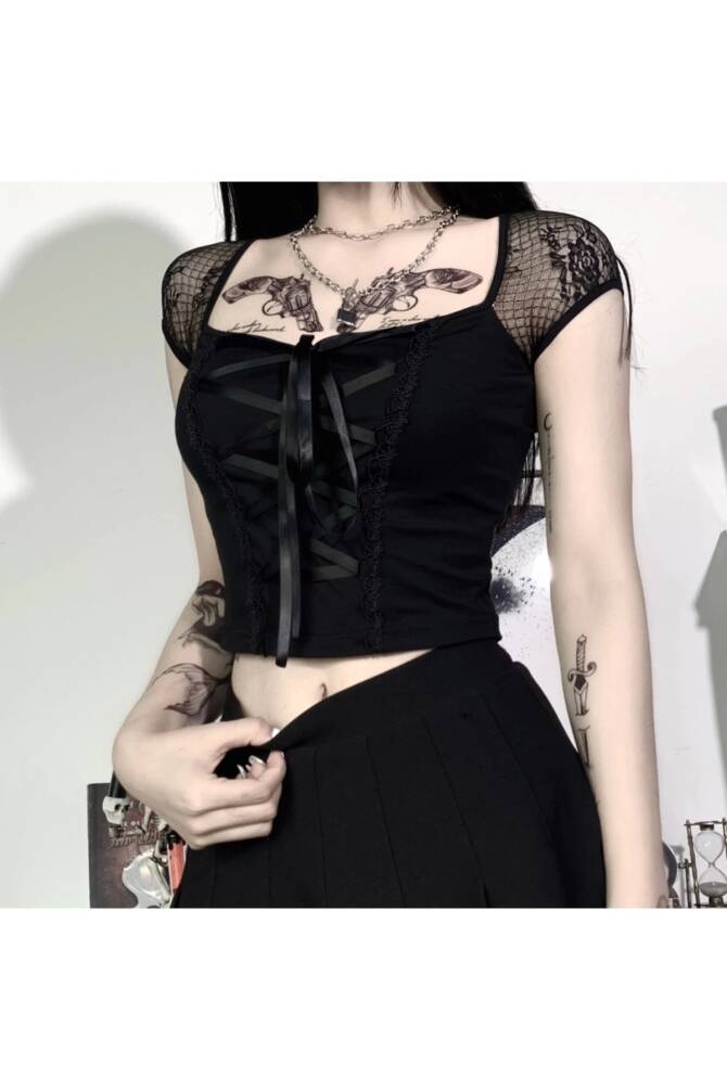 Gotik Punk Harajuku Dantelli Bağcıklı Kısa Kollu Crop Bluz - 8