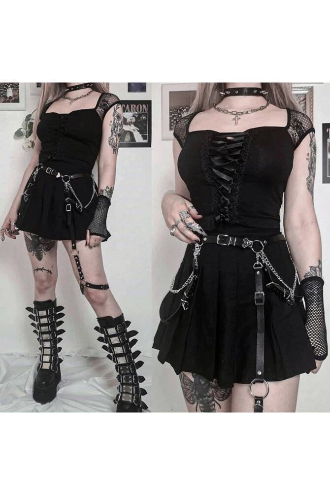 Gotik Punk Harajuku Dantelli Bağcıklı Kısa Kollu Crop Bluz - 2