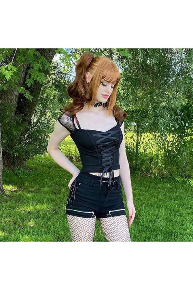 Gotik Punk Harajuku Dantelli Bağcıklı Kısa Kollu Crop Bluz - 1