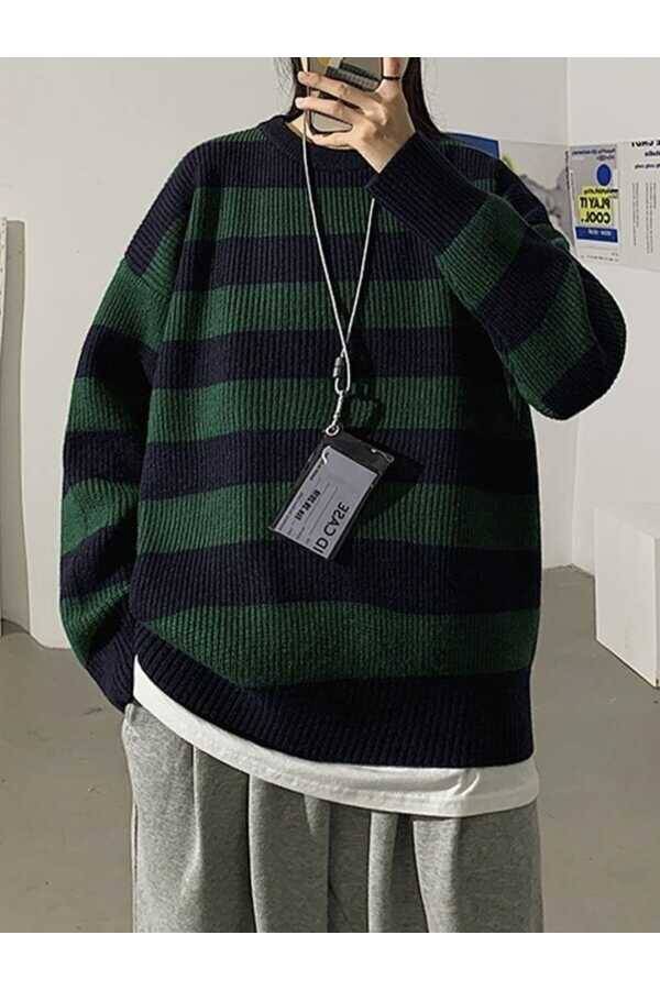 Gotik Punk Harajuku Yeşil Siyah Çizgili Oversize Triko Kazak (UNISEX) - 1