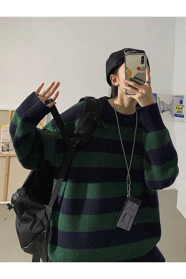 Gotik Punk Harajuku Yeşil Siyah Çizgili Oversize Triko Kazak (UNISEX) - 2