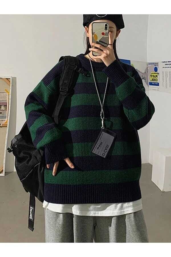 Gotik Punk Harajuku Yeşil Siyah Çizgili Oversize Triko Kazak (UNISEX) - 4
