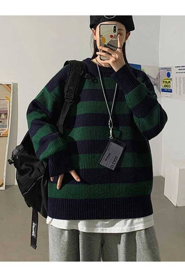 Gotik Punk Harajuku Yeşil Siyah Çizgili Oversize Triko Kazak (UNISEX) - 4