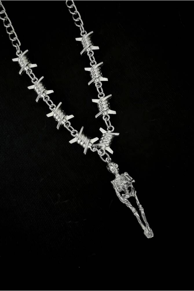 Gotik Punk İskelet Detay Dikenli Zincirli Kolye - 2