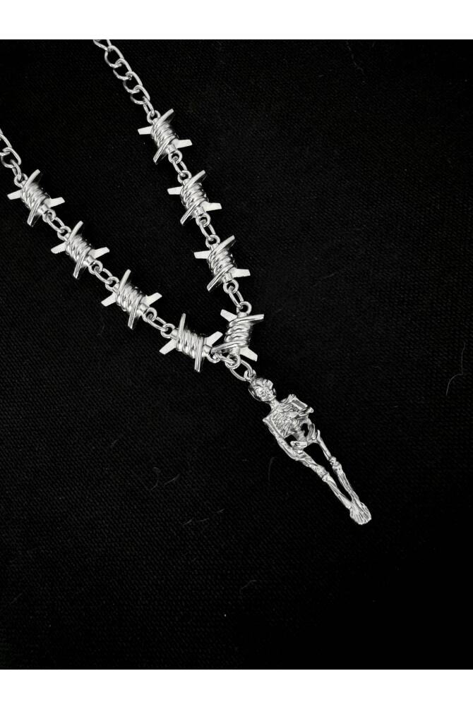 Gotik Punk İskelet Detay Dikenli Zincirli Kolye - 3