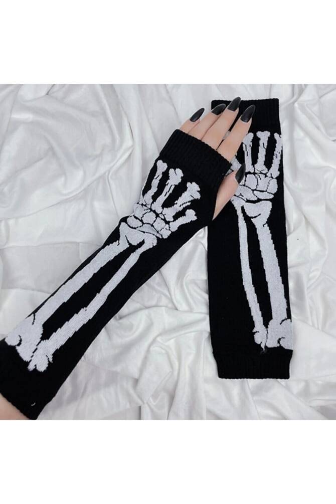 Gotik Punk Iskelet Siyah Kolluk Eldiven - 2