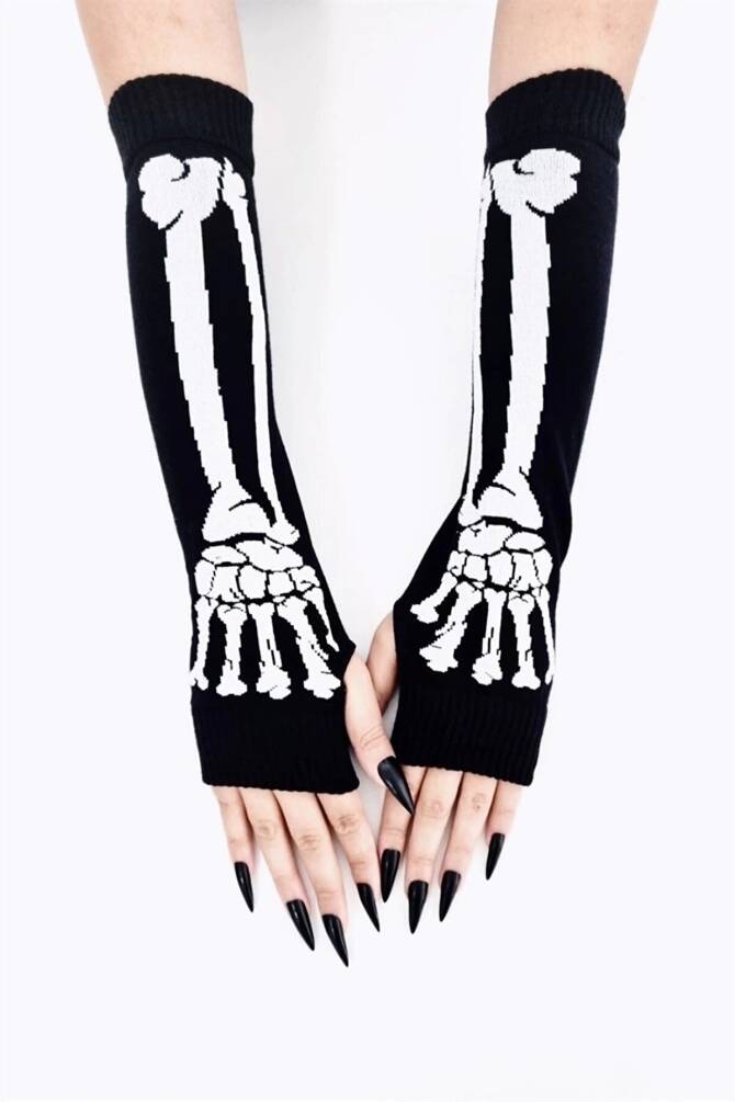 Gotik Punk Iskelet Siyah Kolluk Eldiven - 3