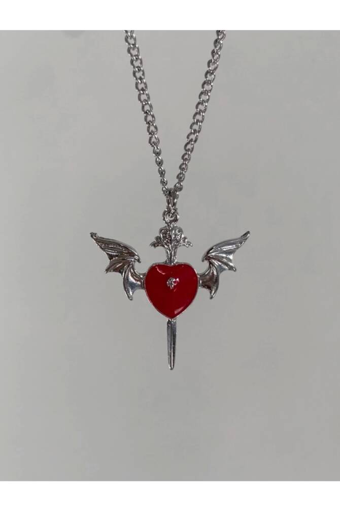 Gotik Punk Kanatlı Kuru Kafalı Kırmızı Kalp Kolye - 17