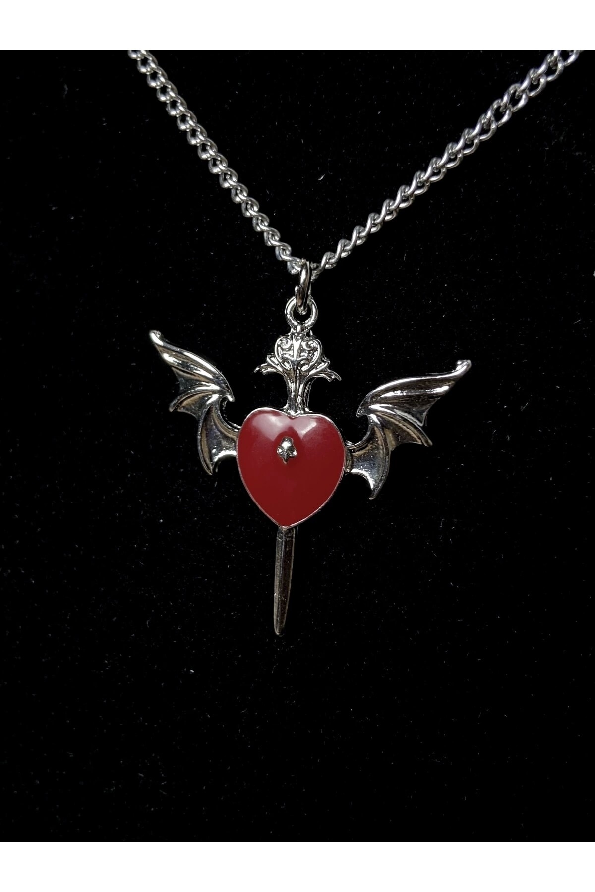 Gotik Punk Kanatlı Kuru Kafalı Kırmızı Kalp Kolye - 12