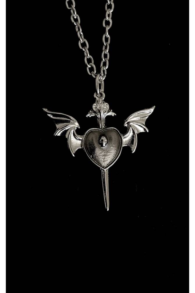Gotik Punk Kanatlı Kuru Kafalı Kırmızı Kalp Kolye - 9